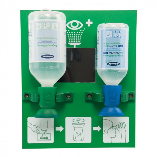 Augenspülstation DOUBLE 2 mit 1 x 250 ml BioPhos74, 1 x 500 ml Natriumchloridlösung - Actiomedic